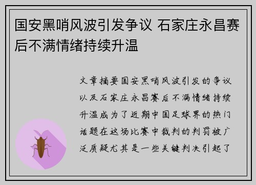 国安黑哨风波引发争议 石家庄永昌赛后不满情绪持续升温